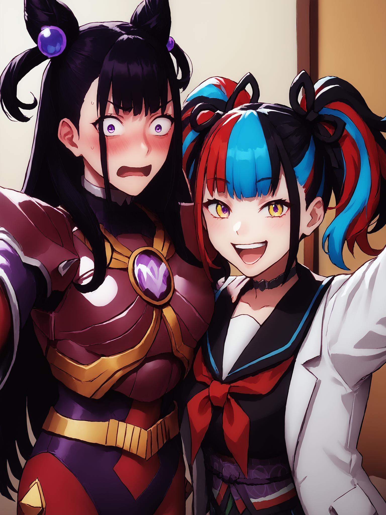 score_9, score_8_up, score_7_up, source_anime, zPDXL, zPDXLpg, <lora:offset_0.2:0.1>, <lora:spo_sdxl_10ep_4k-data_lora_webui:1>, 2girls, indoors, library, dark
2girls, long hair, black hair, purple eyes, double bun, two side up, hair ornament, <lora:kaoruko:1>, sazervelsou, red bodysuit, purple leotard, belt, armor, gauntlets, <lora:Sazer_Velsou:1.0>, embarrassed, blush, shocked, surprised, constricted pupils, (reaching towards viewer:1.4), stop \(gesture\), looking at viewer
2girls, <lora:Nagiko:1>, twintails, multicolored hair, black hair, red hair, blue hair, yellow eyes, hair ribbon, choker, japanese clothes, black serafuku, red ribbon, obi, white jacket, smile, laughing, half-closed eyes, (reaching towards viewer:1.1), hand out of frame, selfie, (v, peace sign:1.3)