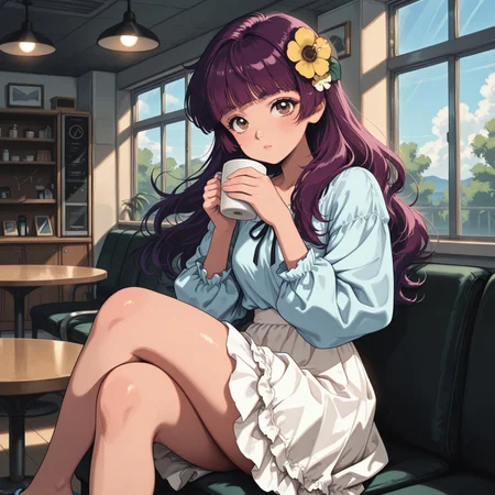 masterpiece, best quality, amazing quality, very aesthetic, absurdres, newest, 8k, BV-Illu, realistic, k3monogo, pinkretroanime, retro art,
BREAK,
1girl, solo, long hair, looking at viewer, puffy shirt, brown eyes, upper body, purple hair, yellow flower hair ornament, blunt bangs, holding coffee mug, legs crossed, frilly white skirt, flip-flops,
BREAK, indoors, cafe, table, seat, coffee mug, daylight, window, dynamic lighting, detailed background, dramatic lighting, depth of field, volumetric lighting