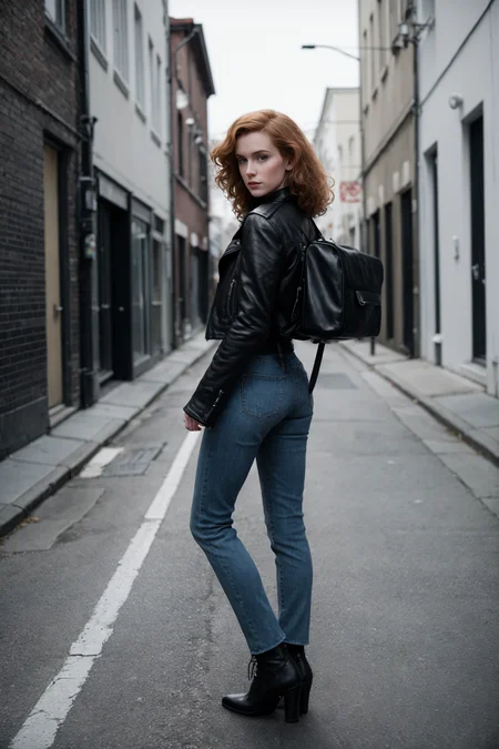 1950s Rebel \(style\) photo of fit, thin 21 year old jp-Kraasni-50 ,Sleek straight hair, dark eyeliner, bold brows, Leather jacket, skinny jeans, white tee, Back alley, motorcycle, neon lights, Nikon Z50, 24mm f/1.8, 1/40s, ISO 500, CineStill BWXX