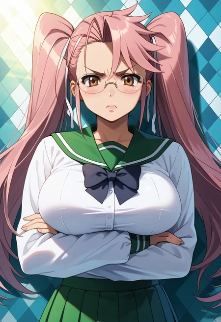 score_9, score_8_up, score_7_up, 1girl, solo, looking at viewer, anime coloring, upper body, close-up, portrait, mature female,
<lora:Saya_Takagi_Dwnsty:0.8>, saya_takagi, pink hair, brown eyes, long hair, twintails, glasses, hair ribbon, school uniform, serafuku, green skirt, pleated skirt, black bowtie, long sleeves,
lips, large breasts, skindentation, double v, annoyed, blush, crossed arms,
sunlight, abstract background, argyle background, rainbow, heart,
<lora:Hotd_Artstyle_Dwnsty:0.7>