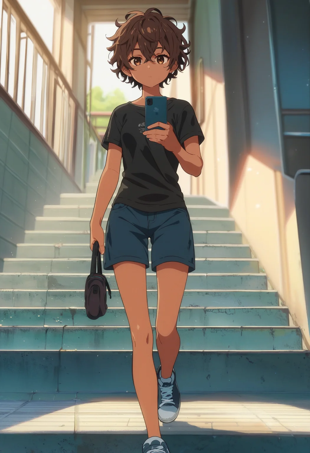 score_9,score_8_up,score_7_up,score_6_up,source_anime,anime screencap,<lora:CoMix_BGXL_V2:1>,1girl,looking at viewer,brown skin,holding cellphone,expressionless,brown hair,brown eyes,hair between eyes,curly hair,messy hair,small breasts,short hair,walking,stairs,walking down stairs,