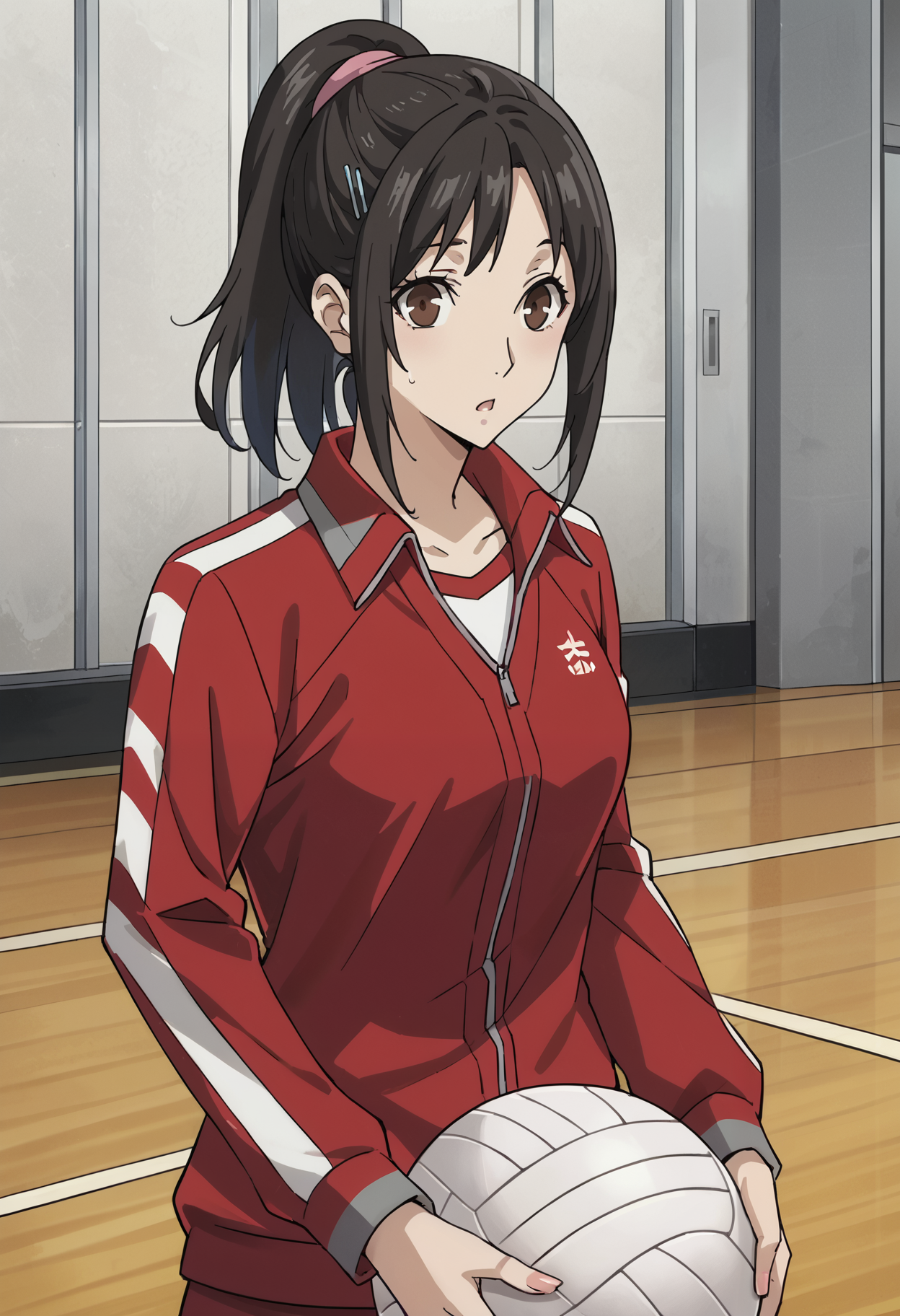 score_9, score_8_up, source_anime,
1 girl, solo, cute face,
p5shiho, black hair, ponytail, hair ornament, hairclip, brown eyes,
p5shiho-track, jacket, stripes, striped sleeves, track jacket, track suit,
school gym, volleyball court, standing, looking at viewer, surprised,
masterpiece, best quality, ultra detailed,