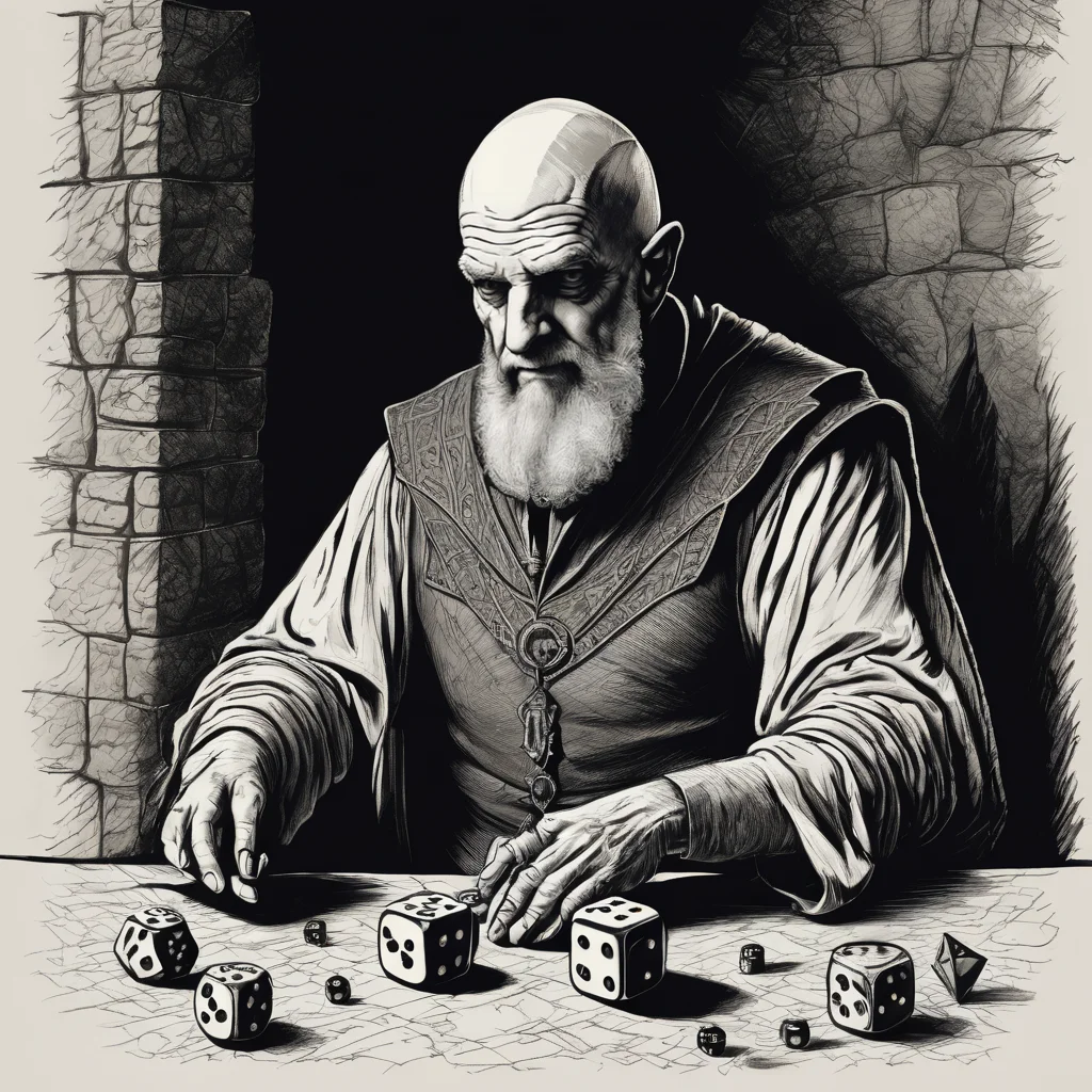 dungeon master rolling the dice, drawing, crosshatch style