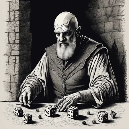 dungeon master rolling the dice, drawing, crosshatch style