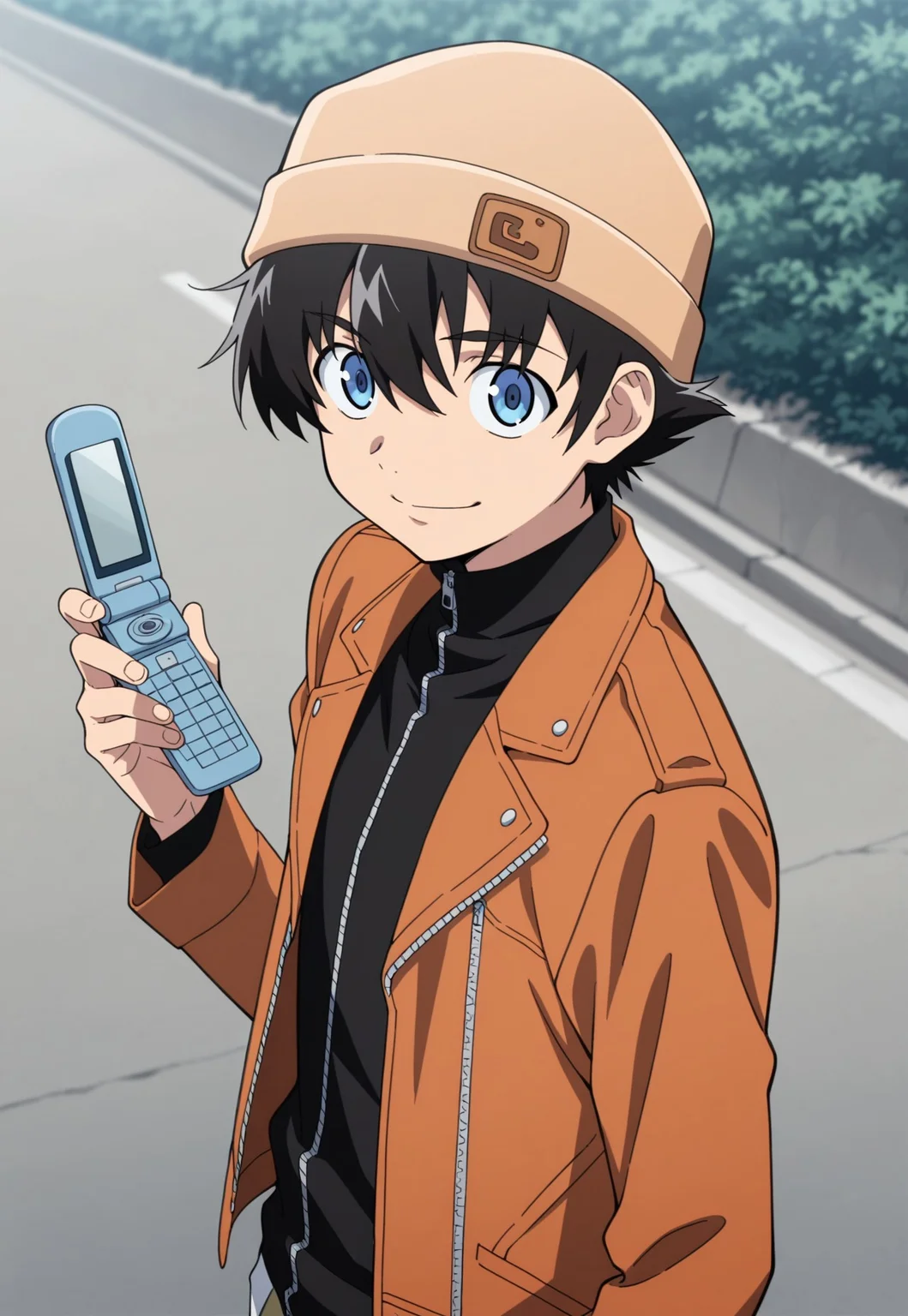 masterpiece,best quality,amazing quality, source_anime,
YukiteruAmano, 1boy, male focus, solo, blue eyes, black hair, beanie, brown headwear, black shirt, turtleneck, zipper, jacket, brown jacket, open jacket, flip phone, smile, determined, outdoor, looking at viewer,