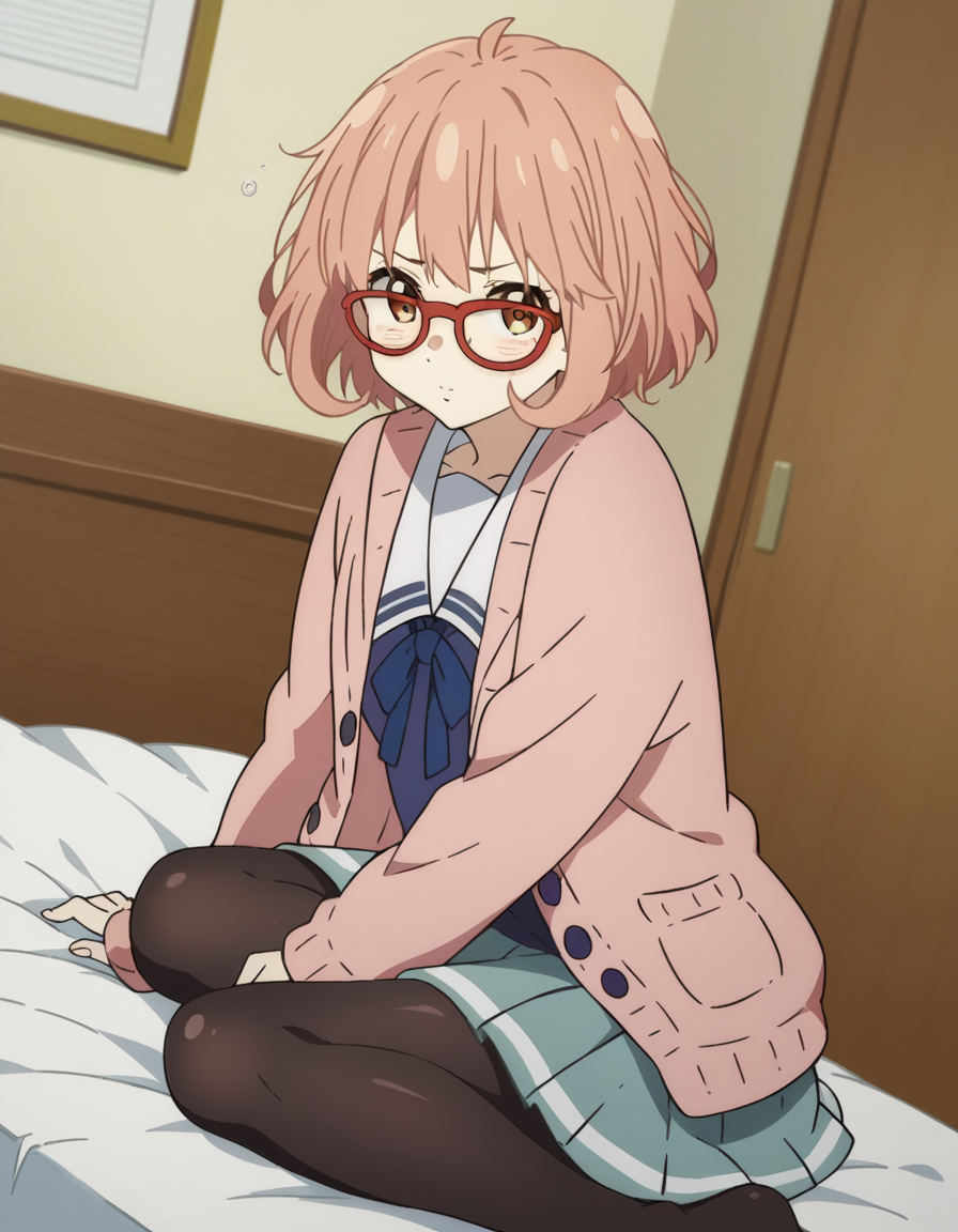score_9, score_8_up, score_7_up, source_anime,
miraikuriyama, <lora:mirai-kuriyama-s1-ponyxl-lora-nochekaiser:1>,
mirai kuriyama, short hair, brown eyes, glasses, pink hair, red-framed eyewear,
skirt, school uniform, pantyhose, pleated skirt, serafuku, black pantyhose, cardigan, open cardigan,
indoors, bed, bed room, on side, blush, drunk,
looking at viewer, cowboy shot, dutch angle, solo,