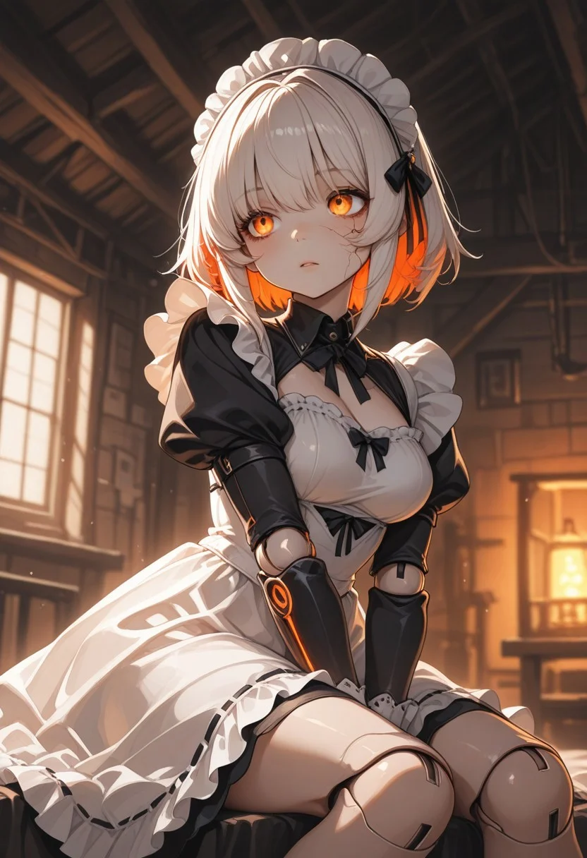 masterpiece, best quality, amazing quality, very aesthetic, absurdres, newest, realistic,
BREAK,
1girl, abandoned doll girl, white hair, medium breasts, orange eyes, elegant dress, maid dress, porcelain joints, mechanical limbs, mechanical body, cracked face, slender, thin, haunting pose, unsettling angle, attic workshop, looking sideways, frozen scream, sitting, forlorn, abandoned, hands between legs, dusty sunlight,
BREAK, indoors, low light, neon spot color, science lab, warm light, vibrant colors, depth of field, dramatic shadows, dynamic lighting, detailed background,