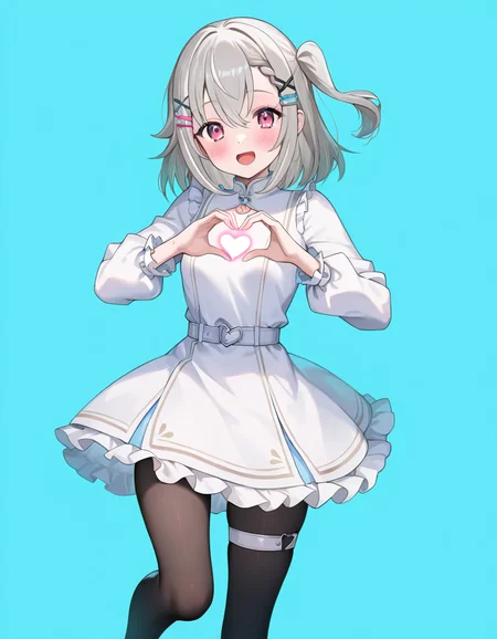 1girl, 
solo, looking at viewer, smile, simple background, white background, heart hands, standing, :d, short dress, black pantyhose, x hair ornament, medium hair, hair between eyes, frilled dress, sidelocks, hairclip, h1e \(elnicon girls\) \(cosplay\), small breasts, hair ornament, breasts, one side up, white dress, open mouth, cosplay, pantyhose, blush, pink eyes, thigh strap, grey hair, standing on one leg, virtual youtuber, heart, cowboy shot, long sleeves, frills, dress, legs up,
masterpiece, best quality, very aesthetic, newest, absurdres, incredibly absurdres
 <lora:hle:1>