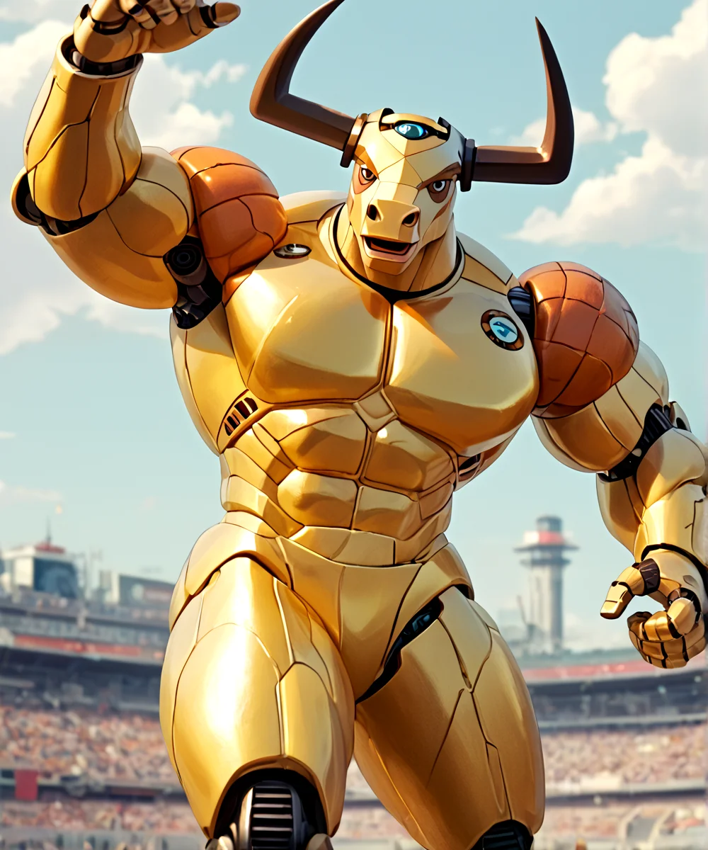 score_9, score_8_up, score_7_up,
<lora:Mumbo_Jumbo_(Silverhawks)_(Pony)_(AD):1> Mumbo Jumbo, Silverhawks_cartoon, robot, muscular, gold chrome, copper chrome, bronze chrome, metal body, horns, brown eyes,
8K, In'ei, chiaroscuro, depth of field, clear_eyes,
perfect hands, perfect proportions, peak physical perfection, perfect male physique, powerful muscular body,
dynamic pose, detailed anime background, detailed photographic fluffy anime clouds, masterclass anime, smooth metal body, bull robot, yellow metal,
BREAK zPDXL, zPDXLxxx,