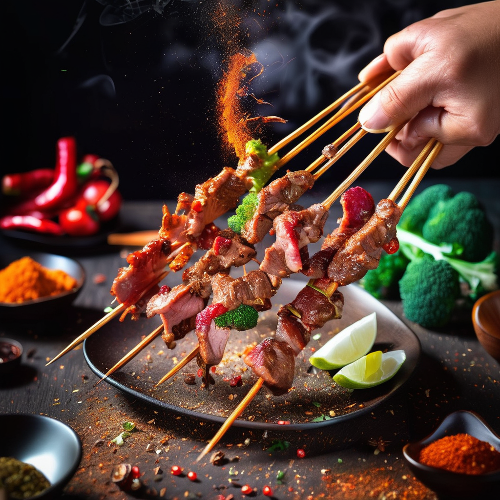 raw photo, reality,in the dark ,a person can be seen holding skewers of meat and spices. The person's hand is firmly gripping one of the skewers, showcasing the delicious array of flavors and aromas. The skewers are expertly prepared, with neat arrangements of meat and spices threaded onto them. The tantalizing mix of colors and textures is evident, making it clear that this dish is a feast for the senses. Additionally, a plate filled with a delectable combination of broccoli and meat is placed nearby, completing the appetizing scene. The dish is presented in an elegant manner, with the vibrant colors of the broccoli and meat contrasting against the white plate. The overall composition is visually appealing, and the image captures the essence of a scrumptious and satisfying meal, <lora:cn_lamb_bbq:0.85>, xhunxhun