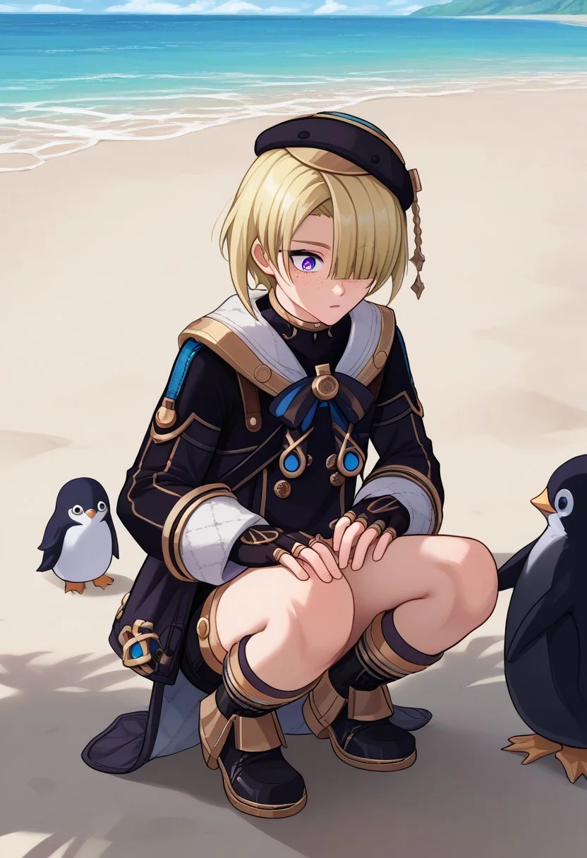 score_9, score_7_up, source_anime
freminet, 1boy, male focus, solo, purple eyes, blonde hair, hair over one eye, freckles, hat, beret, black headwear, diving suit, jacket, blue jacket, long sleeves, buttons, bow, blue bow, gloves, black gloves, fingerless gloves, shorts, black short, holster, thigh strap, boots, cross-laced footwear, black footwear, squatting, animal, penguin, surprised, o, looking at animal,
outdoor, beach,