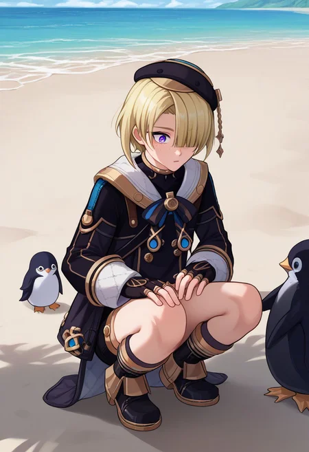 score_9, score_7_up, source_anime
freminet, 1boy, male focus, solo, purple eyes, blonde hair, hair over one eye, freckles, hat, beret, black headwear, diving suit, jacket, blue jacket, long sleeves, buttons, bow, blue bow, gloves, black gloves, fingerless gloves, shorts, black short, holster, thigh strap, boots, cross-laced footwear, black footwear, squatting, animal, penguin, surprised, o, looking at animal,
outdoor, beach,