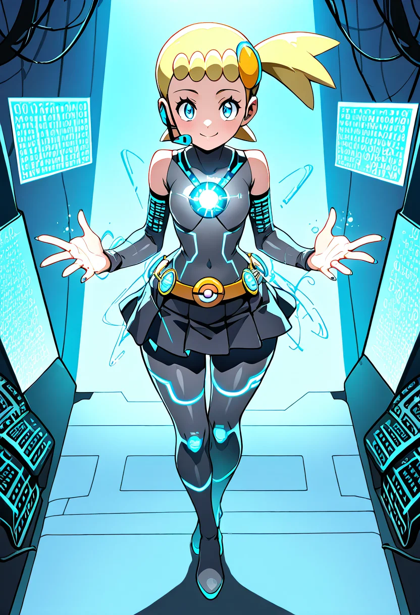 masterpiece, best quality, solo, curvy, beautiful eyes, narrow waist, wide hips, 1girl, solo, smile, looking at viewer, dynamic angle, foreshortening, close up,    zzBonnie, bonnie_(pokemon), blue eyes, ahoge, blonde hair, hair ornament, short hair, side ponytail,  ,<lora:BonniePokemonIXL:1.0>, [Plasma Circuit Idol], holographic bodysuit with panel seams, translucent pleated skirt, thigh-high boots with circuit patterns, static-charged hair puffs, glowing mic headset, binary print sleeves, arc reactor belt buckle, neon gel nails, digital concert stage, particle effects, confident wink, pulsing lights,