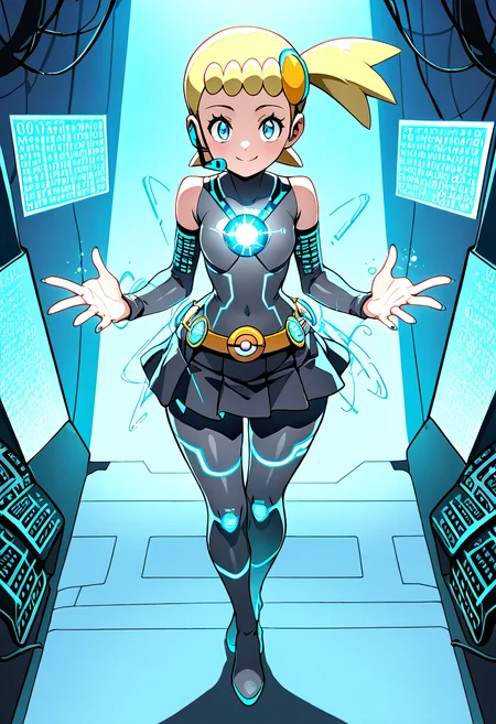 masterpiece, best quality, solo, curvy, beautiful eyes, narrow waist, wide hips, 1girl, solo, smile, looking at viewer, dynamic angle, foreshortening, close up,    zzBonnie, bonnie_(pokemon), blue eyes, ahoge, blonde hair, hair ornament, short hair, side ponytail,  ,<lora:BonniePokemonIXL:1.0>, [Plasma Circuit Idol], holographic bodysuit with panel seams, translucent pleated skirt, thigh-high boots with circuit patterns, static-charged hair puffs, glowing mic headset, binary print sleeves, arc reactor belt buckle, neon gel nails, digital concert stage, particle effects, confident wink, pulsing lights,
