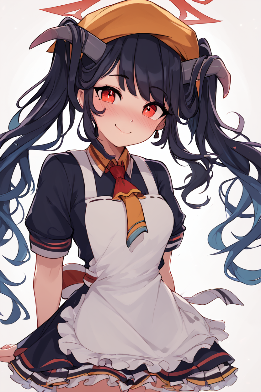 score_9, score_8_up, score_8, medium breasts, (curvy), cute, eyelashes,       BREAK, , ,,, zzFuuka, red eyes, black hair, long hair, horns, halo, demon horns, twintails black dress, white apron, frilled apron,  orange headwear, school uniform, necktie,  <lora:Fuuka_BlueArchive_PDXL:0.8>,   ,,,, BREAK, <lora:Afrobull_PDXL_v5:0.8>,  ,,, BREAK, smile, looking at viewer, closed mouth, cowboy shot,  ,,, embedding:zPDXL, Expressiveh, ,,, <lora:SDXLFaeTastic2400:0.5>, <lora:Expressive_H-000001:0.4>,