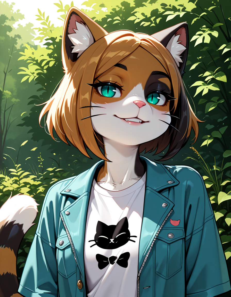 masterpiece, best quality, very aesthetic, absurdres,
outdoors, 
upper body, headshot, 
t-shirt, open jacket, 
seductive smile, parted lips, long eyelashes,
 <lora:Kawa_v01_NAIXL:1>
K4w4,1girl,solo,furry,furry female,cat girl,short hair,multicolored hair,cat ears,aqua eyes,slit pupils,snout,animal nose,whiskers,body fur,two-tone fur,cat tail,striped tail,