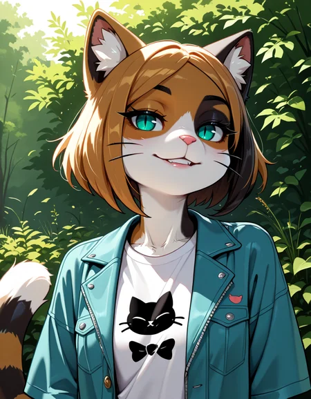 masterpiece, best quality, very aesthetic, absurdres,
outdoors, 
upper body, headshot, 
t-shirt, open jacket, 
seductive smile, parted lips, long eyelashes,
 <lora:Kawa_v01_NAIXL:1>
K4w4,1girl,solo,furry,furry female,cat girl,short hair,multicolored hair,cat ears,aqua eyes,slit pupils,snout,animal nose,whiskers,body fur,two-tone fur,cat tail,striped tail,