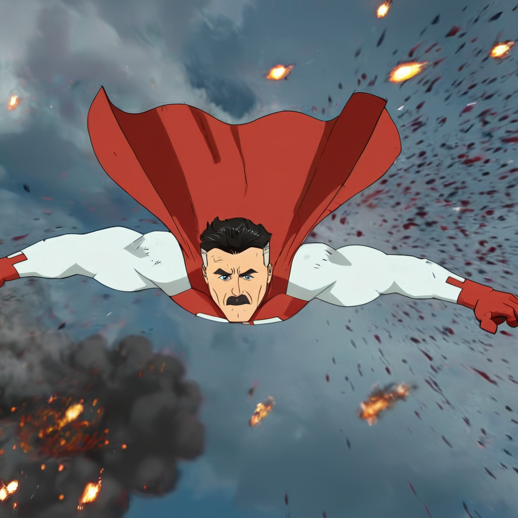 cinematic film still of  <lora:Invincible (TV series):0.4>
 <lora:detailed:0.4> detailed
 <lora:perfection style:0.4> perfect
 <lora:PerfectEyesXL:0.3>
 <lora:Omni-Man v2:0.9> red white outfit
Omni-Man a man from behind is in front of a big exploding object with derbies flying around,anti-hero,antihero,omniman,solo,black hair,1boy,upper body,male focus,from behind, shallow depth of field, vignette, highly detailed, high budget, bokeh, cinemascope, moody, epic, gorgeous, film grain, grainy