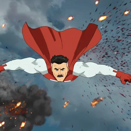 cinematic film still of <lora:Invincible (TV series):0.4>
<lora:detailed:0.4> detailed
<lora:perfection style:0.4> perfect
<lora:PerfectEyesXL:0.3>
<lora:Omni-Man v2:0.9> red white outfit
Omni-Man a man from behind is in front of a big exploding object with derbies flying around,anti-hero,antihero,omniman,solo,black hair,1boy,upper body,male focus,from behind, shallow depth of field, vignette, highly detailed, high budget, bokeh, cinemascope, moody, epic, gorgeous, film grain, grainy