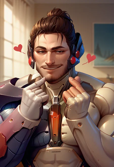 score_9, score_8_up, score_7_up, finger heart, hands up, heart, <lora:FingerHeartDouble_pdxl_Incrs_v1:1>, 1boy, upper body, seductive smile, indoors, sitting, <lora:JetstreamSam_XLPD:0.85> JetstreamSam, cyborg, bodysuit, headgear, beard,