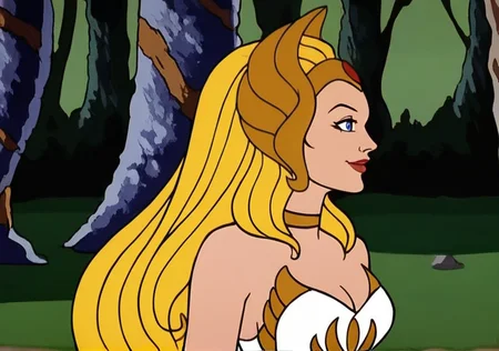 sh3ra, warrior princess, blonde hair, blue eyes, friendly smile, gold tiara, white dress, white skirt, gold armour, upper body, <lora:She-Ra_Princess_of_Power_1987_-_Pony:0.8>, in a fantasy forest, side view
