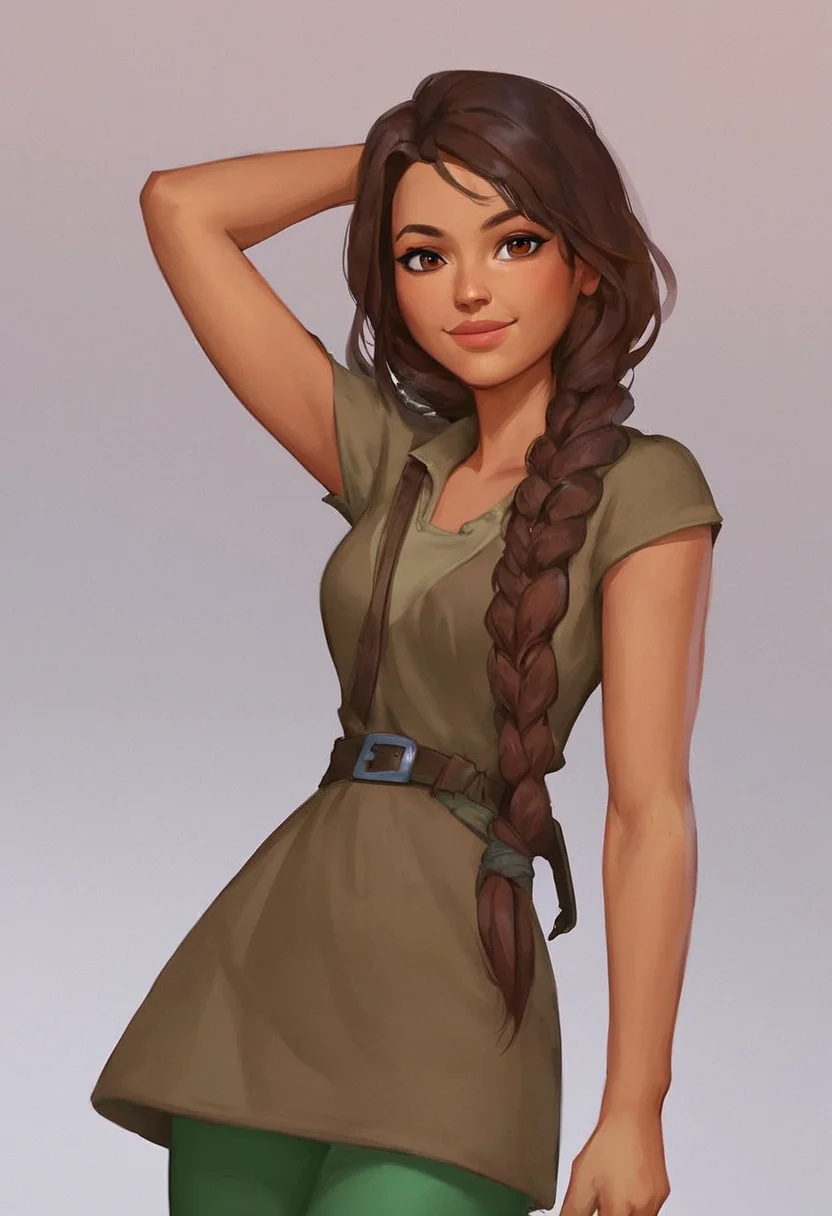 score_9, score_8_up, score_7_up, 1girl, solo,  carol_of_the_arrow, brown hair, brown eyes, dark skin, braid, long hair, belt, brown tunic, dark green tights, dynamic posing, dynamic angle, looking at viewer, light smile, simple background