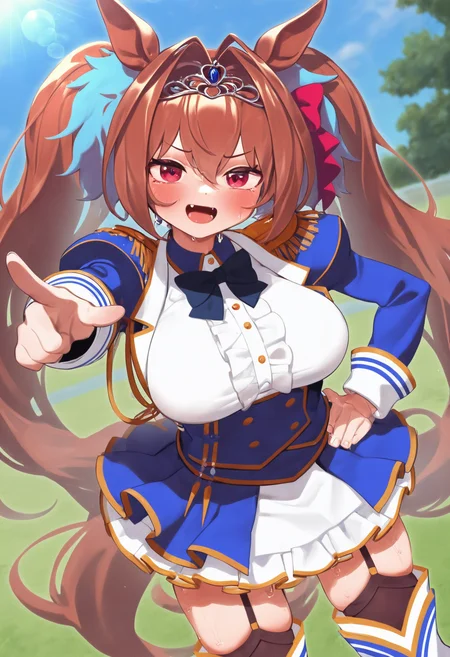,daiwa scarlet \(umamusume\), 1girl, solo, long hair, breasts, looking at viewer, blush, smile, open mouth, large breasts, skirt, brown hair, long sleeves, red eyes, thighhighs, bow, animal ears, hair between eyes, very long hair, twintails, jacket, tail, thighs, :d, outdoors, sweat, sky, day, fang, black thighhighs, blurry, blue sky, hand on own hip, skindentation, horse ears, hair intakes, horse girl, garter straps, white skirt, blue jacket, tiara, outstretched arm, pointing, horse tail, skin fang, lens flare, epaulettes, underbust, layered skirt, framed breasts,,masterpiece,best quality,newest,absurdres,highres,very awa <lora:None:1.0> <lora:VillainChin_Style:0.9500000000000002>