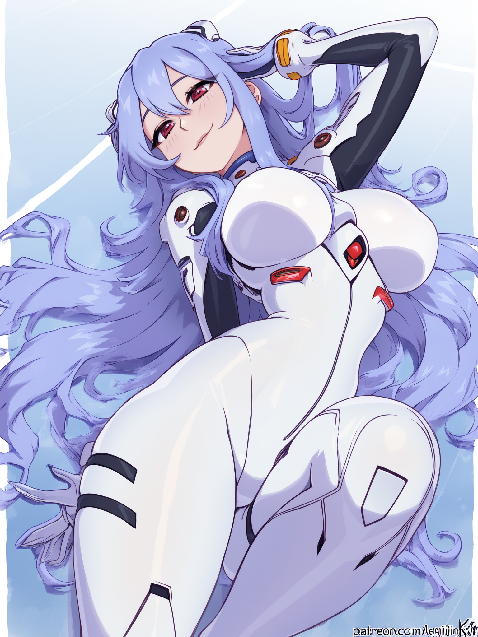 masterpiece, best quality, best score, high detail, absurdres,
<lora:[Kajin-man] Artist Style IllustriousXL:1>,looking at viewer, shiny skin, large breasts, smile,  thighs, skindentation, rei from evengelion, white plugsuit, blue hair,