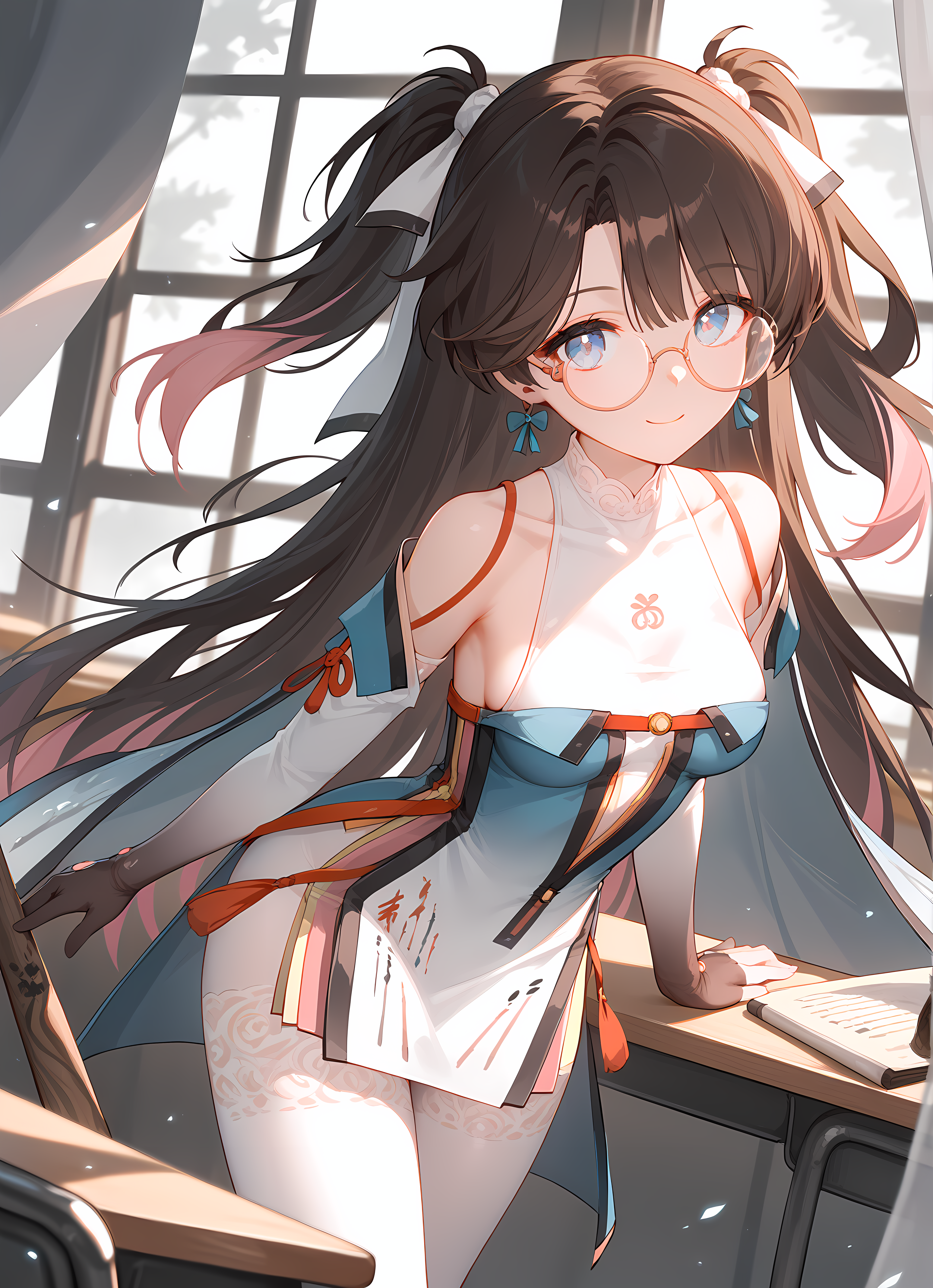 score_9,score_8_up,score_7_up,ohwx, 1girl, solo, long_hair, glasses, earrings, jewelry, breasts, ribbon, hair_ribbon, black_hair, brown_hair, multicolored_hair, two_side_up, blue_eyes, medium_breasts, round_eyewear, twintails, very_long_hair, semi-rimless_eyewear, white_ribbon, pink_eyes, pink_hair, purple_eyes,dress, bare_shoulders, paintbrush, white_pantyhose, pantyhose, chinese_clothes, clothing_cutout, thighhighs, white_thighhighs, scroll, gloves, detached_sleeves, long_sleeves,standing, leaning forward, looking at viewer, light smile, closed mouth, shiny skin, tight clothes, window, sunlight, classroom, blurry, cowboy shot, dutch angle, close-up,<lora:zhezhi_pony_sobsynapse-000003:1>