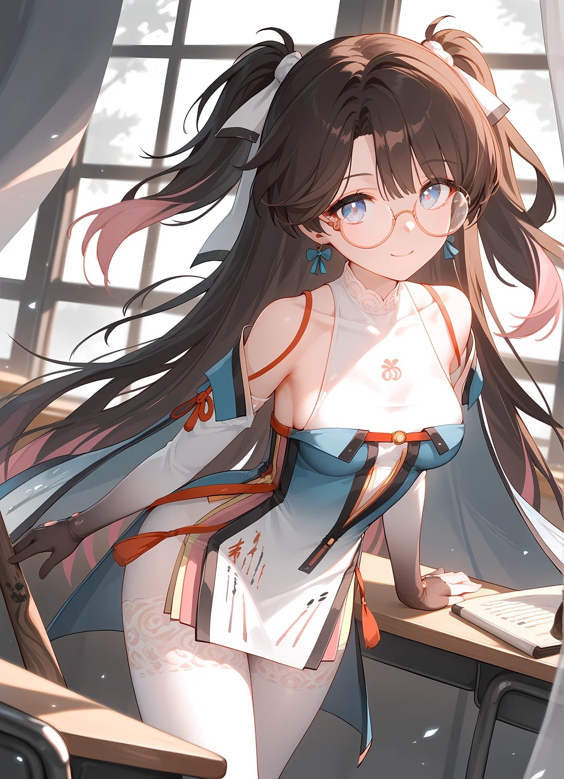 score_9,score_8_up,score_7_up,ohwx, 1girl, solo, long_hair, glasses, earrings, jewelry, breasts, ribbon, hair_ribbon, black_hair, brown_hair, multicolored_hair, two_side_up, blue_eyes, medium_breasts, round_eyewear, twintails, very_long_hair, semi-rimless_eyewear, white_ribbon, pink_eyes, pink_hair, purple_eyes,dress, bare_shoulders, paintbrush, white_pantyhose, pantyhose, chinese_clothes, clothing_cutout, thighhighs, white_thighhighs, scroll, gloves, detached_sleeves, long_sleeves,standing, leaning forward, looking at viewer, light smile, closed mouth, shiny skin, tight clothes, window, sunlight, classroom, blurry, cowboy shot, dutch angle, close-up,<lora:zhezhi_pony_sobsynapse-000003:1>