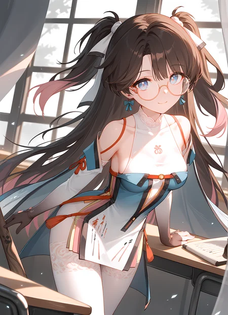 score_9,score_8_up,score_7_up,ohwx, 1girl, solo, long_hair, glasses, earrings, jewelry, breasts, ribbon, hair_ribbon, black_hair, brown_hair, multicolored_hair, two_side_up, blue_eyes, medium_breasts, round_eyewear, twintails, very_long_hair, semi-rimless_eyewear, white_ribbon, pink_eyes, pink_hair, purple_eyes,dress, bare_shoulders, paintbrush, white_pantyhose, pantyhose, chinese_clothes, clothing_cutout, thighhighs, white_thighhighs, scroll, gloves, detached_sleeves, long_sleeves,standing, leaning forward, looking at viewer, light smile, closed mouth, shiny skin, tight clothes, window, sunlight, classroom, blurry, cowboy shot, dutch angle, close-up,<lora:zhezhi_pony_sobsynapse-000003:1>
