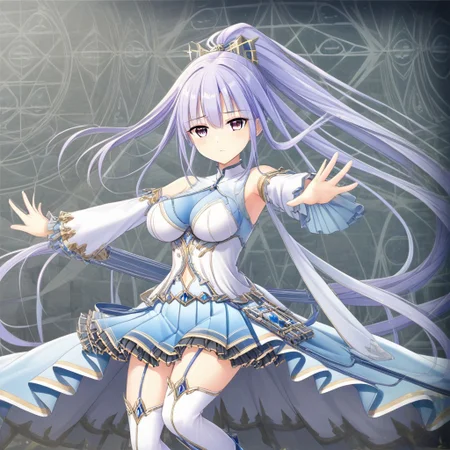 Masterpiece, best quality, ultra HD,thighhighs, gatterbelt, ponytail,stren face, break, blue hair, white thighhighs, breasts, long hair, looking at viewer, blue boots,sit down