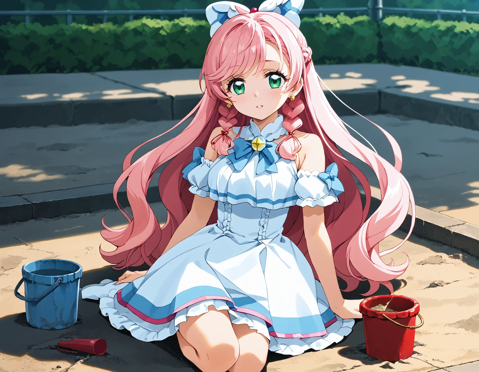 ,
handfixer,<lora:HandFixer_pdxl_Incrs_v1:0.5>,(score_9,score_8_up,score_7_up),masterpiece,4k,8k,(uncensored:1.5) BREAK
(best quality,high quality,perfect anatomy,ultra detailed,ultra high res,absurdres,huge filesize,incredibly absurdres,8k wallpaper,highly detailed:1.1),(anime screencap, official art,official style,megami magazine,game cg,super fine illustration:1.5),
source_anime,zPDXL3,zPDXLxxx,zPDXL2,
,(perfect face,beautiful face,ltra-detailed face,beautiful hair,beautiful eyes,precise mouth,precise lips,cute face,ultra detailed eyes,perfect anatomy,perfect lipsintricate,perfect mouth,cute face,clear skin,shiny hair,ultra detailed eyes,),,(beautiful fingers,beautiful hands,beautiful arms,precise fingers,Perfect hands,perfect arms,perfect fingers,perfect legs),,(heat body,clear skin,shiny hair,caustics,super detailed skin),Correct foot direction,correct arm direction,
BREAK
,
BREAK BREAK
,
(rating_lewd:1.5),(faceless male:1.5),(sexually suggestive outfit:1.5),(Beautiful lips:1.3) BREAK
,
ceiling,panorama shot,looking down,giggling,open mouth,sunaba,outdoors,bucket,shovel,sitting,skirt,day,playground,<lora:sunaba_Pony_v1:0.8>,
,
<lora:cureprism.pony:0.8>,1girl,solo,(cureprism:1.5),long hair,green eyes,pink hair,braid,medium breasts BREAK ,dress,bow,jewelry,hair bow,earrings,boots,white dress,blue bow,magical girl,white footwear,knee boots,white bow,(off shoulder:1.2),bare shoulder,