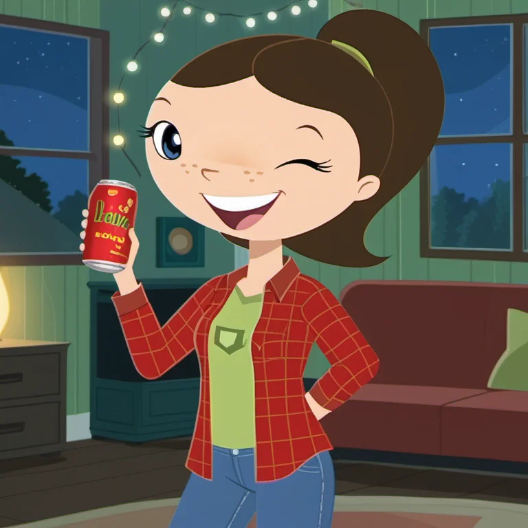 score_9, solo, 1girl, wwl1, aged up, blue eyes, open smile, wink, freckles, brown hair, tongue out, looking at viewer, jeans, unbuttoned red flannel shirt, green t-shirt, ponytail, long hair, medium breasts, v, retro artstyle, indoors, night, <lora:wwl1-000009:1>, living room, holding 1 can, fairy lights strung haphazardly, collage dorm, warm festive tones,