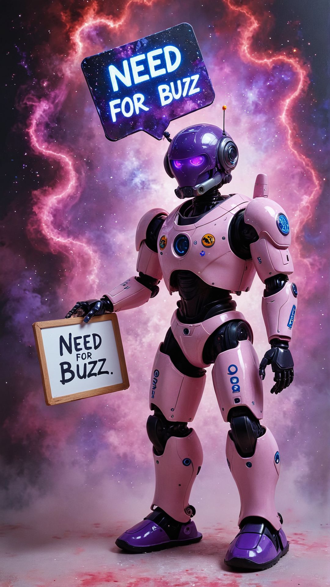 An abstract painting of a cosmic nebula, with swirling clouds of gas and dust glowing in brilliant hues of purple, pink, and blue. super cute robot with a sign that show the text:"Need Buzz for flux"
 <lora:aidmaFluxStyleXL-v0.2:0.85> flux-style, text, english text, 
 <lora:text2:1> text:"Need Buzz for flux"