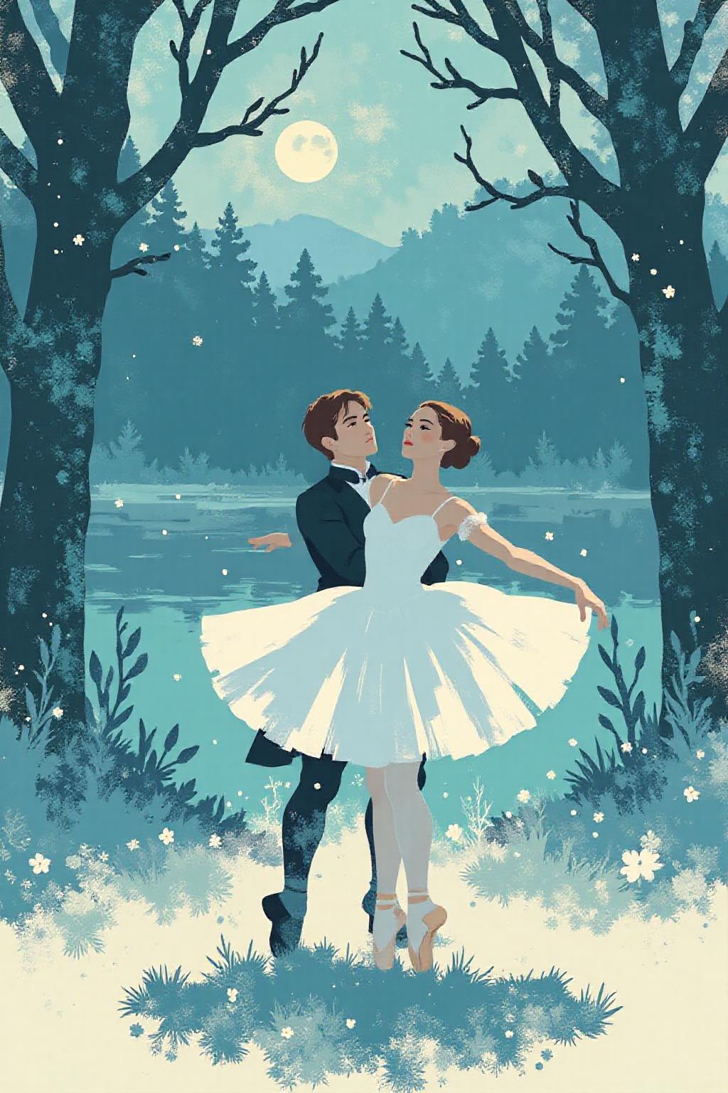 i11ustmin Illustration of a ballet dancing scene from Swam Lake by Tchaikovsky  <lora:minimalist_flat_nocap_nbm:1.0> <lora:Flux-Sch-SingleBlocks-BF16:1.0><lora:797953062149856472:0>