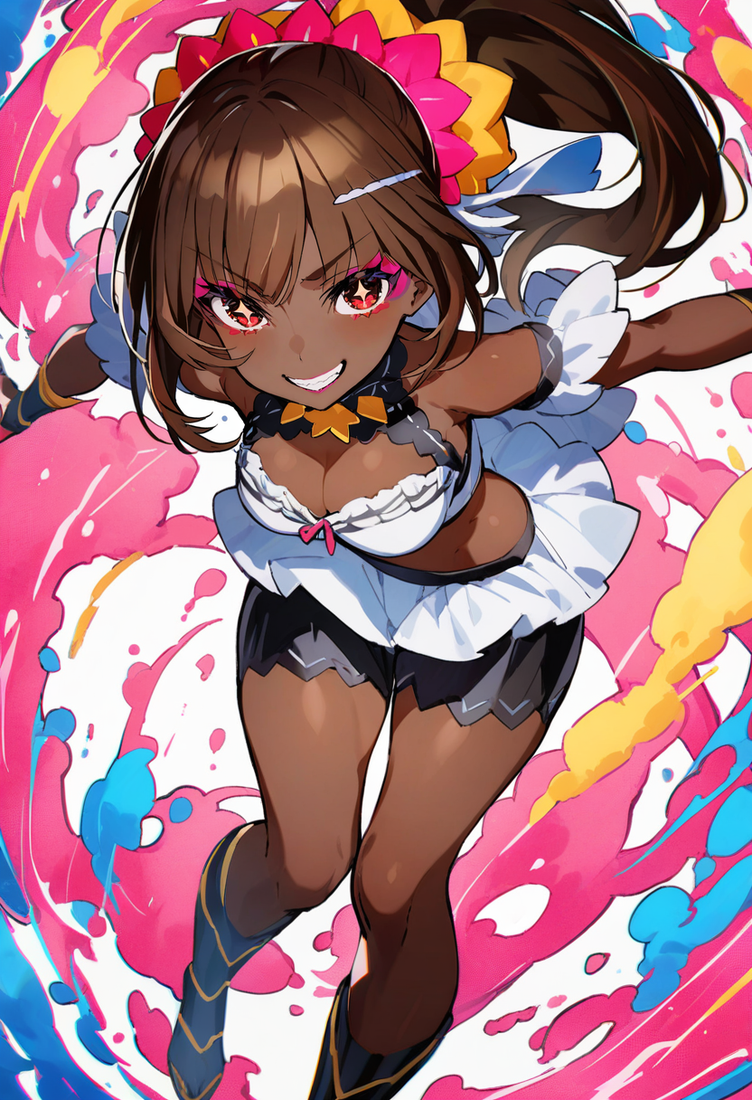 masterpiece, best quality,<lora:MikaPikaZoXL_ANI31_lokr_V4302:0.95> 1girl, dark skin, dark-skinned female, solo, symbol-shaped pupils, smile, very dark skin, brown hair, star-shaped pupils, breasts, hair ornament, looking at viewer, red eyes, star \(symbol\), jewelry, ponytail, makeup, long hair, shorts, bare shoulders, skirt, pink eyeshadow, crop top, grin, eyeshadow, cleavage, medium breasts