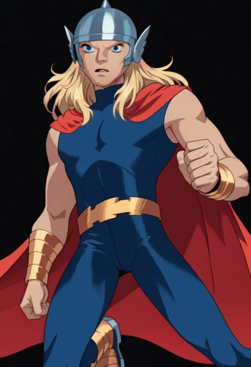 score_9, score_8_up, score_7_up, 2zdxxps, animated screencap, 1male, solo, adult, th1or03, blonde hair, long hair, blue eyes, silver helmet, black unitard, sleeveless, metal circles on chest, red cape, red bracelets, golden belt, blue leggings, golden boots, dynamic pose, action pose, ((anime, animated))), simple background, solid white background, full body shot,