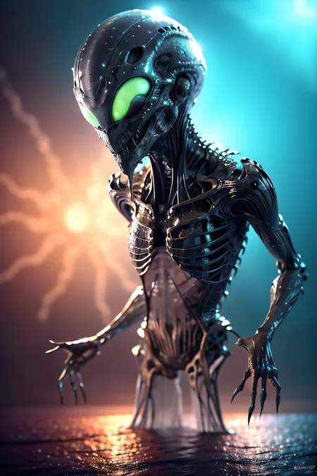 A floating, jellyfish-like alien with translucent, bioluminescent tentacles that emit a soft glow. It has a central body chamber that pulsates with energy. (Realisitc:1.5) alien woman monster, breasts, <lora:EdobMonsterFemale2_v1.0:0.8>