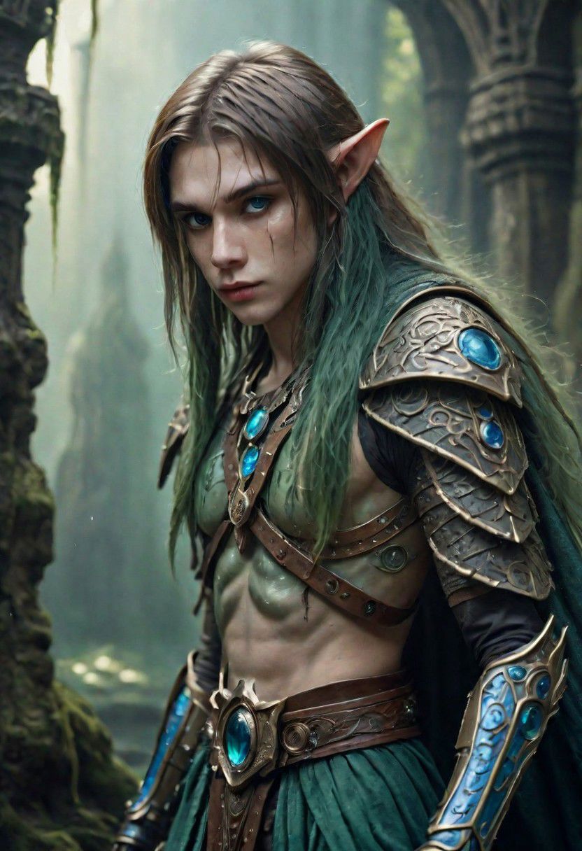 photography in the style of Labirynth, the dark crystal  movies, green, close up of (nature) and (fantasy) creature with a (diminute) sword stained with (detailed:1.5), in a beautiful and ruined ,fantasy,hyper detailed, real skin imperfections, hard lighting, bokeh, ((curi:1.2))(inspire forms in most beautiful New race:1.4) (beautiful:1.4) (ambient fantasy:1.5)(warhammer world:1.0)