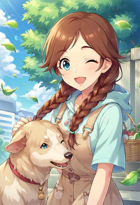 score_9, score_8_up, score_7_up, source_anime,imura setsuna, long hair, brown hair, aqua eyes, 1girl, braid, one eye closed, twin braids, smile, solo, day, open mouth, dog, hood, outdoors, leaf