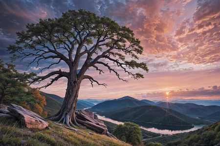 professional photo of a a huge dead dominant tree on a mountain with a view of the clouds below it and a sunset in the distance with a pink sky, Choi Buk, award-winning photograph, a jigsaw puzzle, hudson river school, insane details, cinematic light, detailed, color grading, sunrise <lora:Instant_landscaper_XL:0.7>