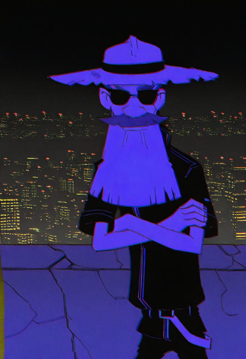 neonpunk style concept art (masterpiece), (best quality), (ultra-detailed), 
<lora:NOOB_vp1_detailer_by_volnovik_v1:1.4>
 <lora:tihon:1> tihon, 1boy, male focus, facial hair, mustache, blue eys, beard, grey hair, old, bald,  closed mouth, city background,
tihon, greyscale, monochrome, hat, solo, facial hair, crossed arms, mustache, straw hat, sunglasses, 1boy, male focus, beard <lora:dark_v1.9-pony:1>  black leather jacket, black shirt ,black jeans,  <lora:VHSnoise_IL:1> film grain, Leaning back on wall . digital artwork, illustrative, painterly, matte painting, highly detailed . cyberpunk, vaporwave, neon, vibes, vibrant, stunningly beautiful, crisp, detailed, sleek, ultramodern, magenta highlights, dark purple shadows, high contrast, cinematic, ultra detailed, intricate, professional