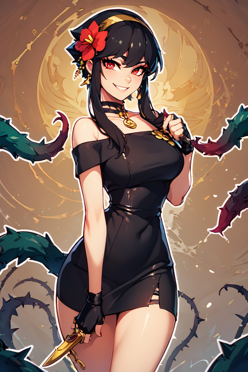 score_9, score_8_up, score_8, big breasts, (curvy), cute, eyelashes,      rating safe,   BREAK,  YorForger,1girl,black hair, red eyes, short hair with long locks, gold hairband, hair flower, black choker, black dress, sleeveless, off shoulder, floral print, fingerless gloves, black footwear, thigh holding dagger,   BREAK,   smile, looking at viewer, abstract background, thorns, dark theme, white outline, cowboy shot,   embedding:zPDXL, Expressiveh  <lora:YorForgerXLpony004:0.8>,  <lora:CatalystStylePDXL:0.6>,  <lora:SDXLFaeTastic2400:0.5>,  <lora:Expressive_H-000001:0.4>,