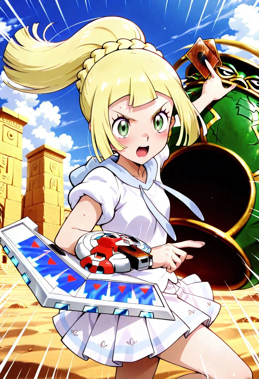 high quality,Expressiveh,very aesthetic, high resolution,perfecteyes,8k,1 girl,Sunny day,clear sky,in ancient egypt,BREAK,zzLillie, long hair, ponytail, French braid, white shirt, short sleeves, white skirt, pleated skirt,Duel_Disk,young,cute,petite,small,flat chest,excited,espressive face,facing the viewer, Dynamic pose,holding yugioh card, yugioh card,playing the card on the duel disk, pot of greed floating beside girl,BREAK, dynamic lines,action shot,movement,Speed Lines,motion lines,emphasis lines,action,sound effects,screen shake,dynamic pose, foreshortening, extreme perspective