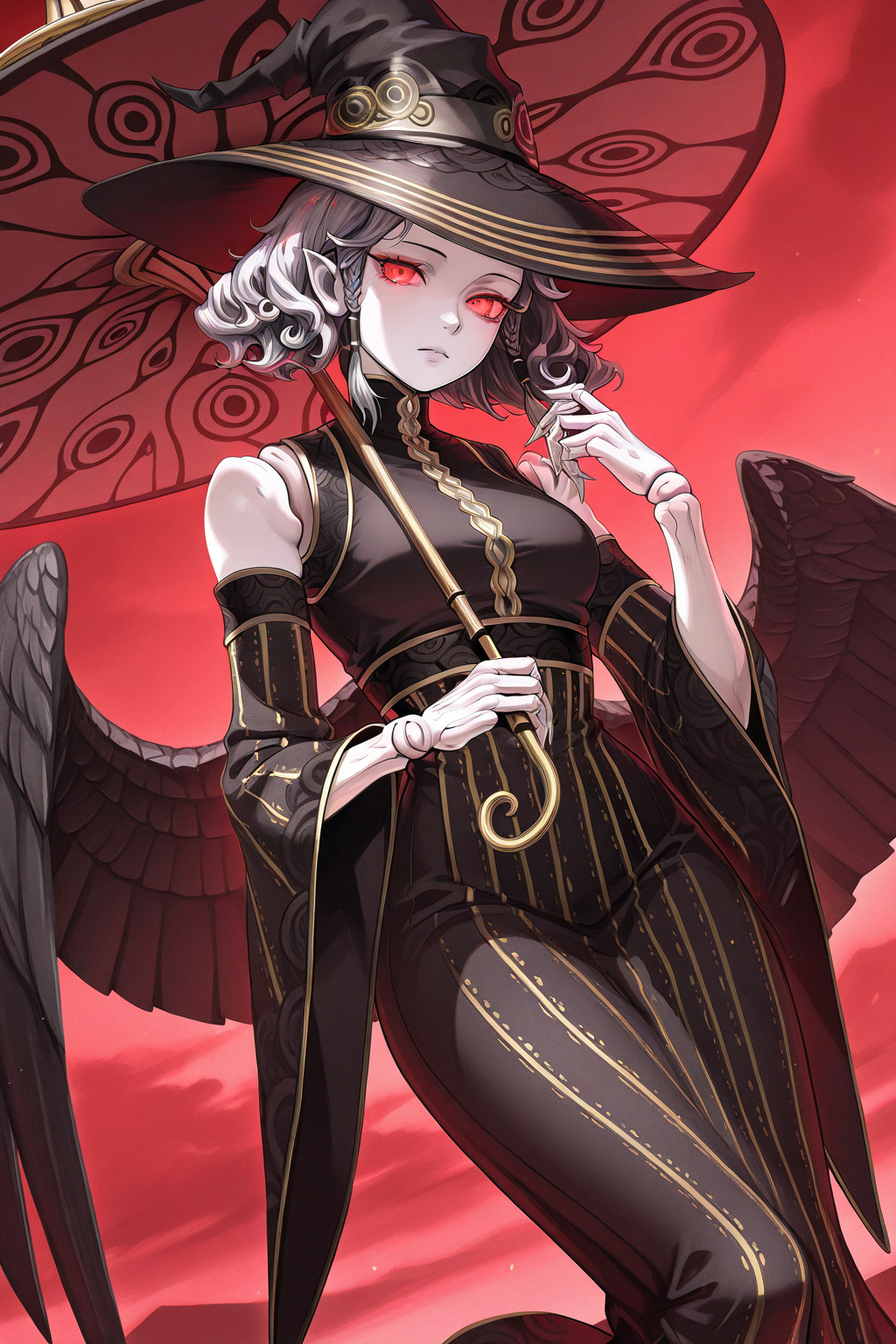 1girl, AgratBatMahlatShinMegamiTensei, 
general, solo, dutch angle, half body,
red eyes, glowing eyes,
pale skin, doll joints, claws,
witch hat,
black dress, detached sleeves, wide sleeves,
feathered wings, black wings,
holding umbrella,
red sky,
<lora:kp_AgratBatMahlatShinMegamiTenseiIllustrious_v1_0:1.0>,
masterpiece, best quality, amazing quality