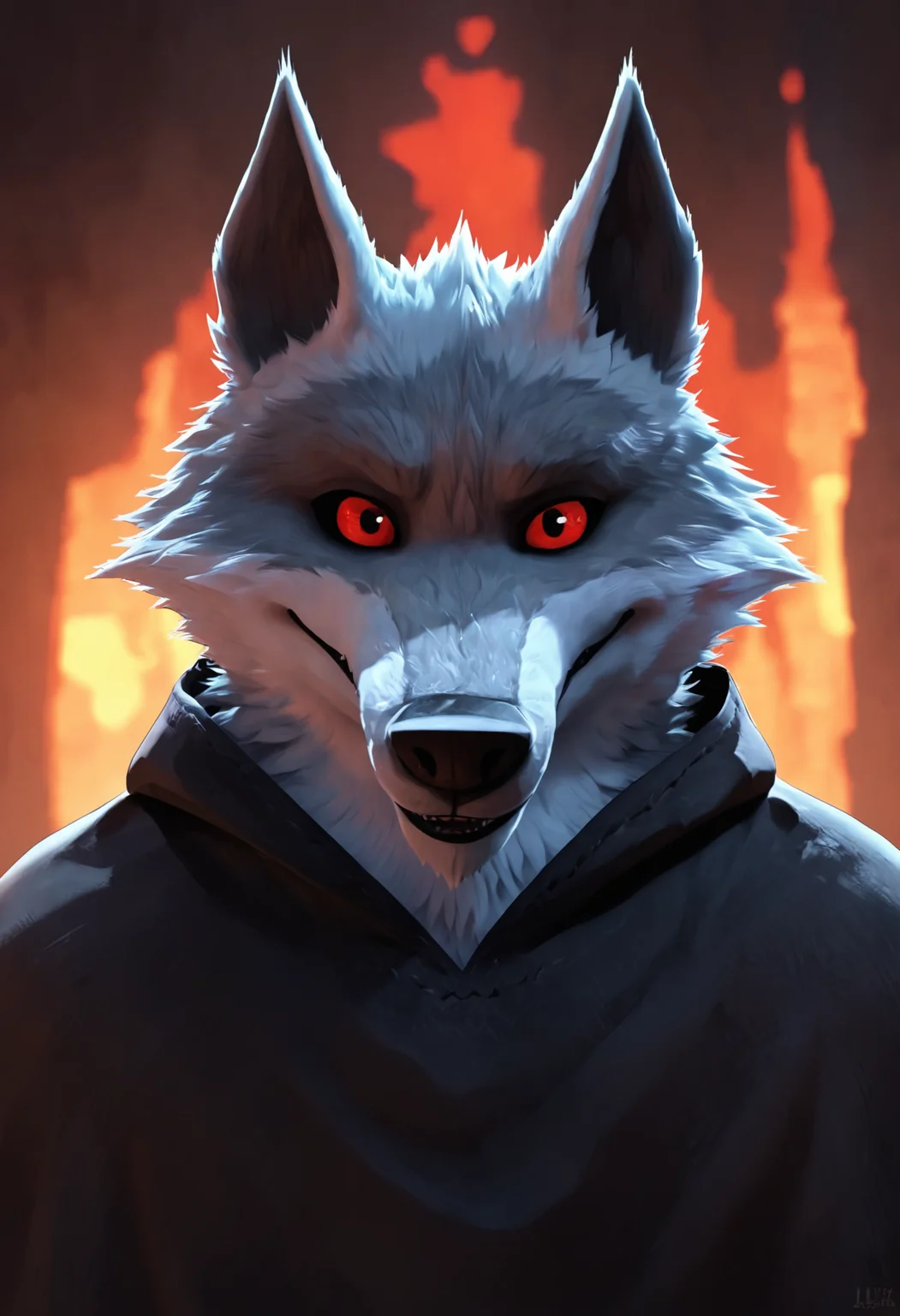 score_9, score_8_up, score_7_up, score_6_up, source_furry, BREAK
DeathWolf, anthro, 1boy, perfect face, grey wolf, two tone fur, black cape, red eyes, hand bandage, dog tail, looking at viewer, (smile:1.2), posing, upper body, close up,
<lora:Dreamworks_Furry_Mix:0.7>