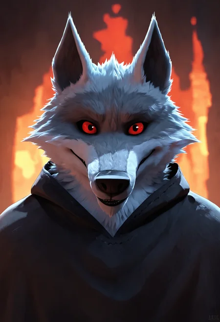 score_9, score_8_up, score_7_up, score_6_up, source_furry, BREAK
DeathWolf, anthro, 1boy, perfect face, grey wolf, two tone fur, black cape, red eyes, hand bandage, dog tail, looking at viewer, (smile:1.2), posing, upper body, close up,
<lora:Dreamworks_Furry_Mix:0.7>