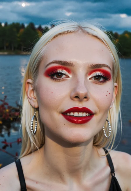Editorial ultra closeup photo showcasing the beauty of young slender finnish woman, 26yo, with sorrowful amber almond-shaped eyes and narrow lips with a happy grin. She has messy platinum blonde hair and goth makeup featuring shades of red and eccentric eyeshadow with lipgloss in combination with earrings. Set in a bucolic landscape by a crystal-clear lake, on a dark stormy autumn midnight. With artificial multi-layer lighting, bokeh, eyecandy <lora:dmd2_sdxl_4step_lora>
