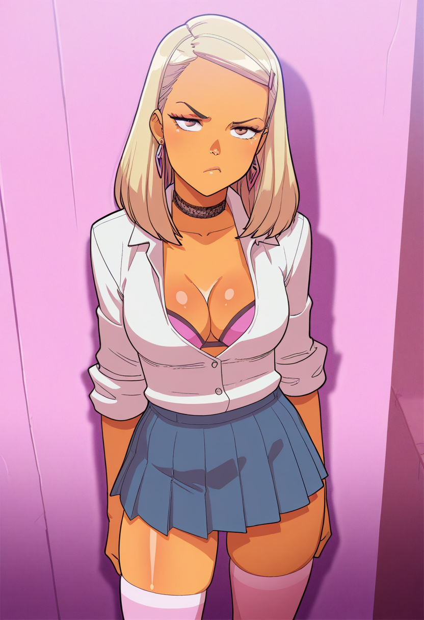 masterpiece, best quality,
 <lora:Tekuho_Style:1> T3kuh0, 1girl, solo,standing, looking at viewer, disdain,blonde hair, medium hair, gyaru, medium breasts,school uniform, skindentation, cleavage, skirt, thighhighs, choker, earrings, sleeves rolled up, underwear, bra,